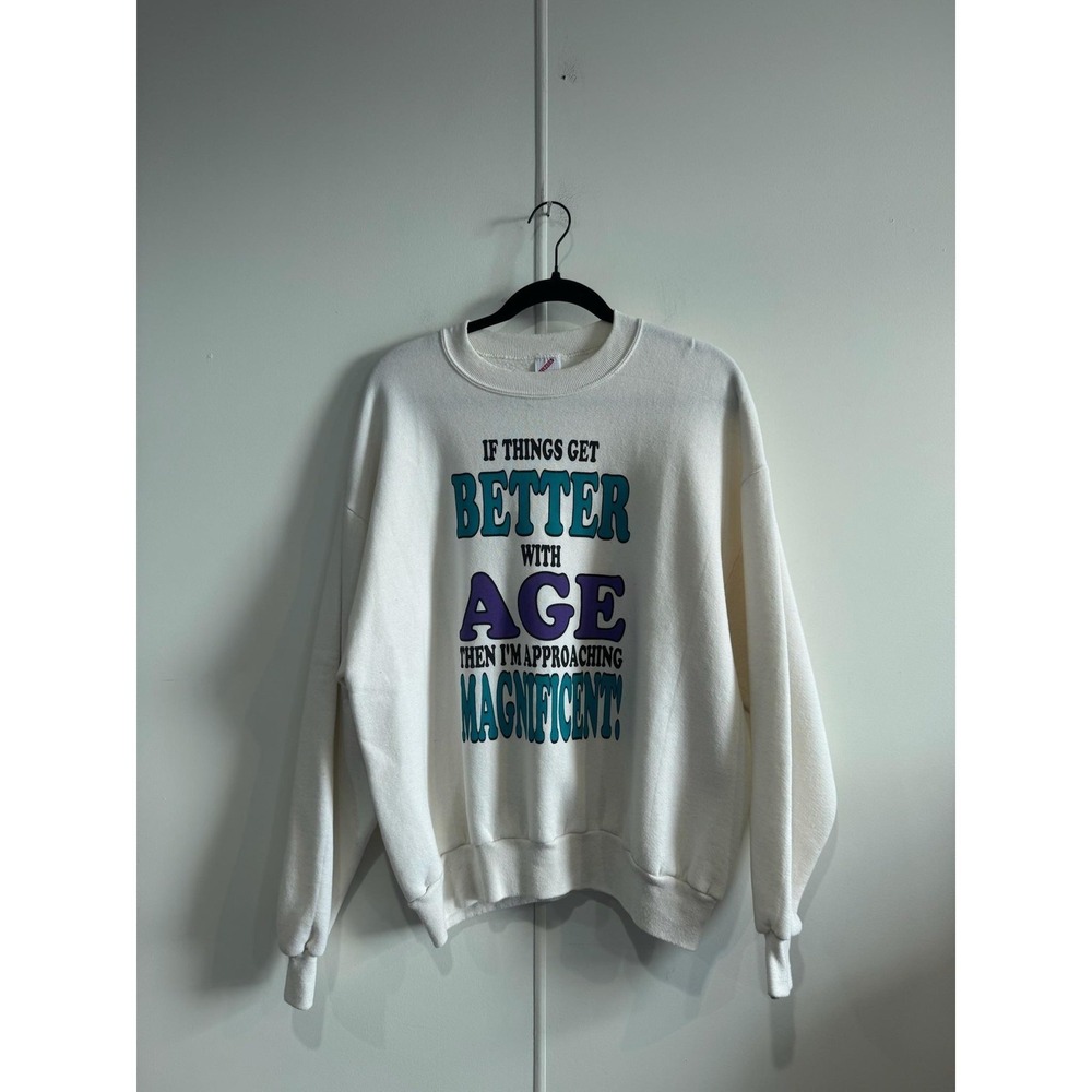 Vintage Jerzees Sweatshirt Mens Large White Funny Better‎ With Age USA 90s
